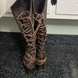 Brown Lace-Up Knee-High Boots